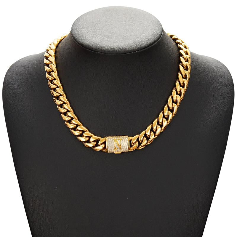 14Mm Chunky Gold Cuban Link Chain 16/20/24/28In - Bold Hip Hop Necklace for Men, Stainless Steel Initial A-Z Engraved Jewelry Gift for Him