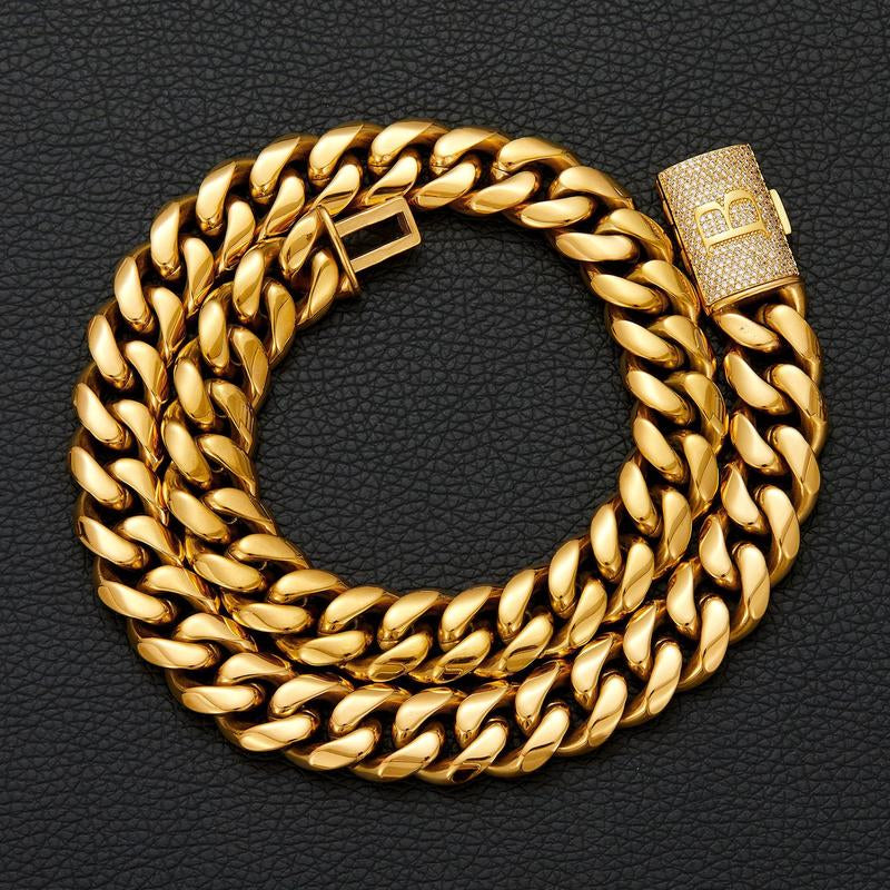 14Mm Chunky Gold Cuban Link Chain 16/20/24/28In - Bold Hip Hop Necklace for Men, Stainless Steel Initial A-Z Engraved Jewelry Gift for Him