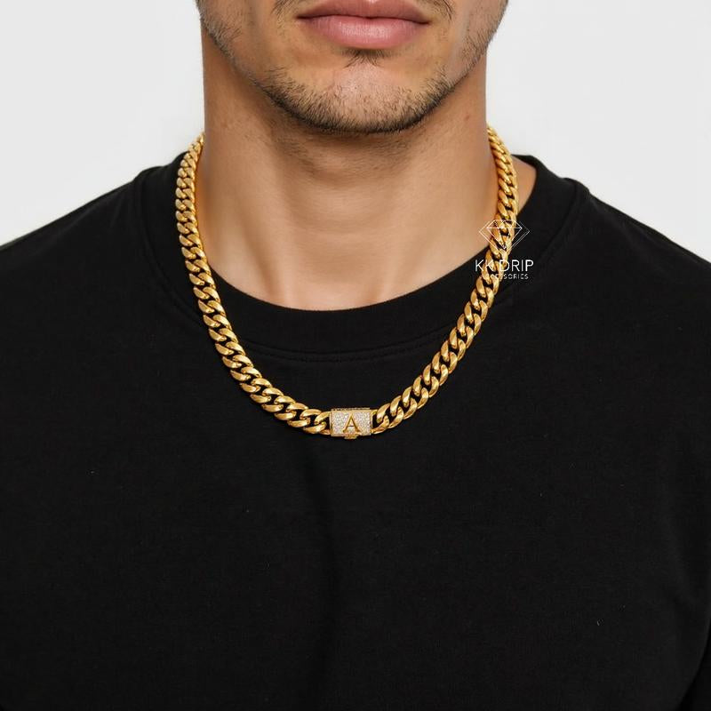 14Mm Chunky Gold Cuban Link Chain 16/20/24/28In - Bold Hip Hop Necklace for Men, Stainless Steel Initial A-Z Engraved Jewelry Gift for Him