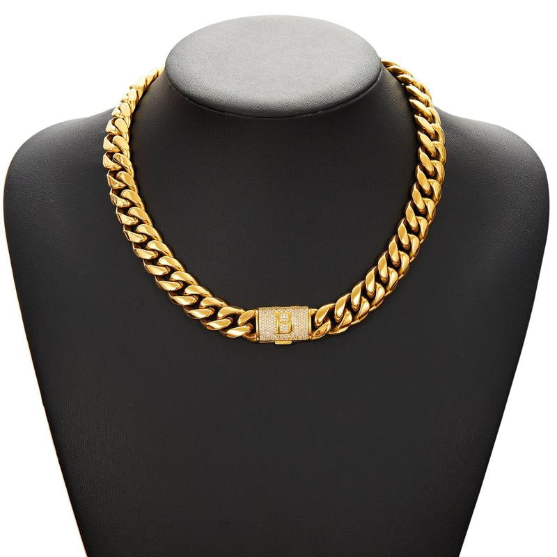 14Mm Chunky Gold Cuban Link Chain 16/20/24/28In - Bold Hip Hop Necklace for Men, Stainless Steel Initial A-Z Engraved Jewelry Gift for Him