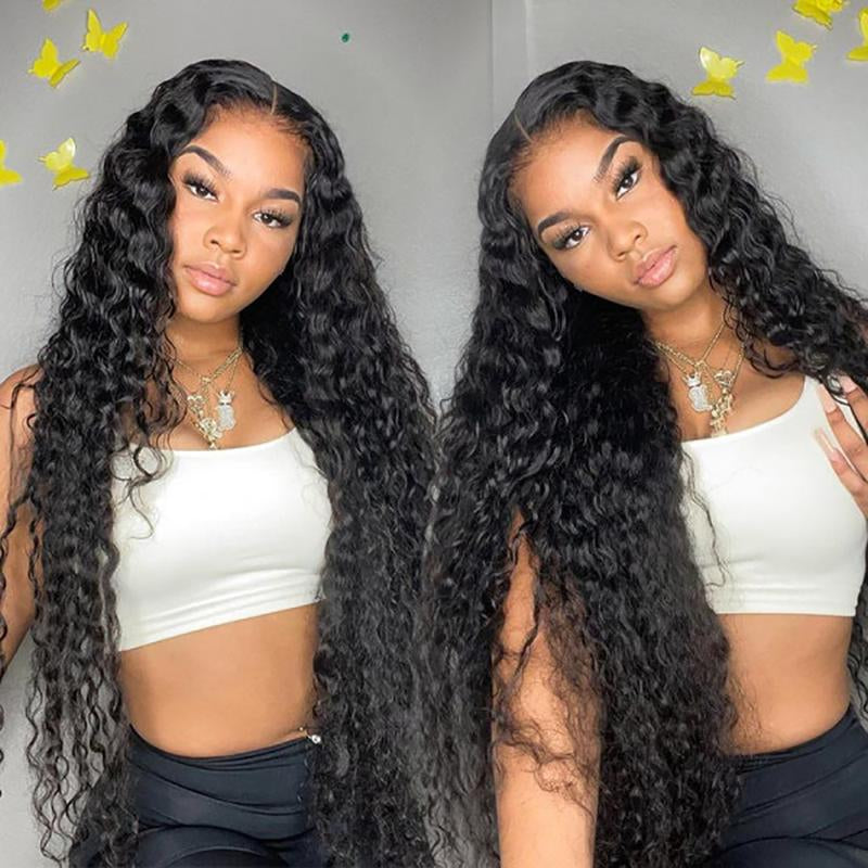 Idoli 32 Inch Deep Wave Lace Front Wigs Human Hair 13X6 HD Lace Front Wigs Natural Black 200% Density