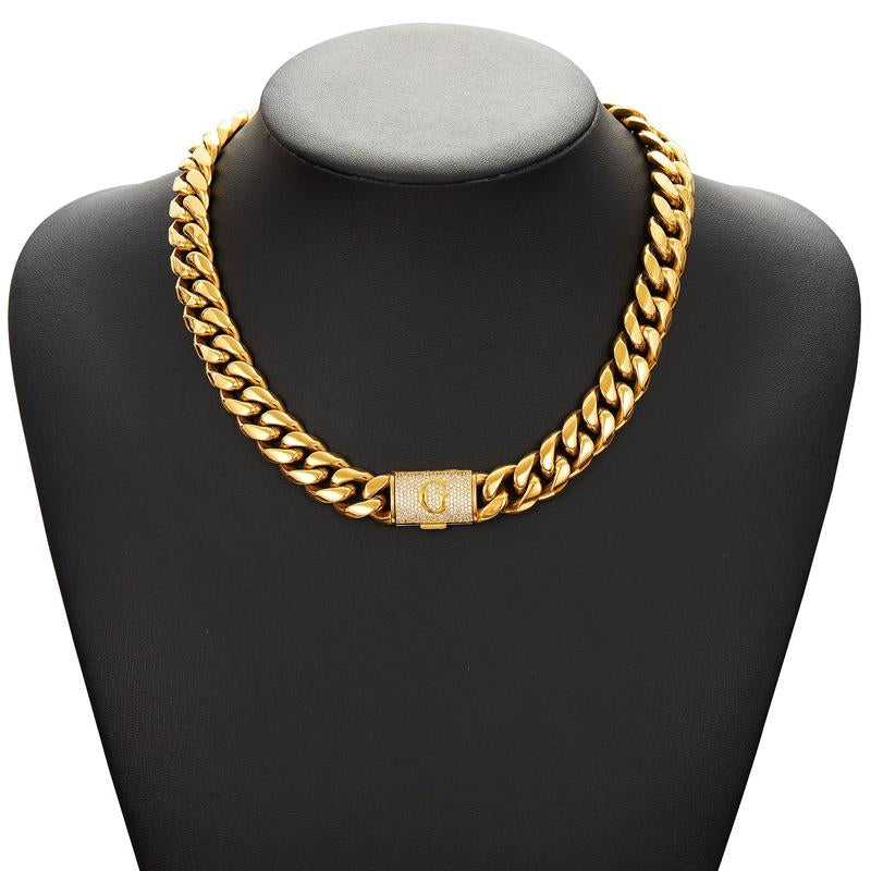 14Mm Chunky Gold Cuban Link Chain 16/20/24/28In - Bold Hip Hop Necklace for Men, Stainless Steel Initial A-Z Engraved Jewelry Gift for Him