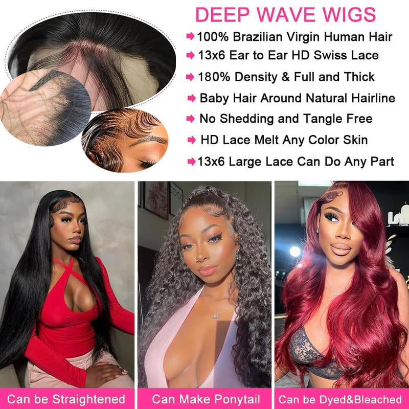 Idoli 32 Inch Deep Wave Lace Front Wigs Human Hair 13X6 HD Lace Front Wigs Natural Black 200% Density