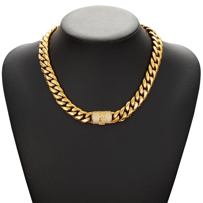 14Mm Chunky Gold Cuban Link Chain 16/20/24/28In - Bold Hip Hop Necklace for Men, Stainless Steel Initial A-Z Engraved Jewelry Gift for Him
