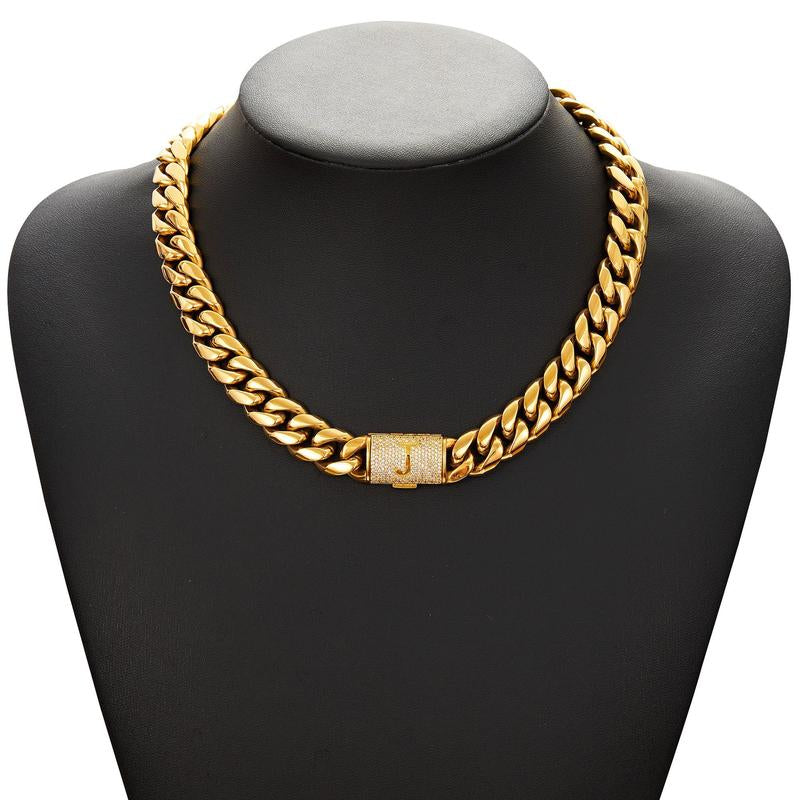 14Mm Chunky Gold Cuban Link Chain 16/20/24/28In - Bold Hip Hop Necklace for Men, Stainless Steel Initial A-Z Engraved Jewelry Gift for Him
