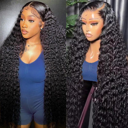 Idoli 32 Inch Deep Wave Lace Front Wigs Human Hair 13X6 HD Lace Front Wigs Natural Black 200% Density