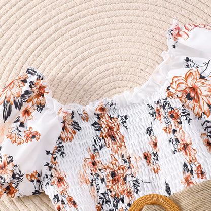 Allover Floral Print Puff Sleeve Shirred Romper with Belt and Frill Trim for Girls, Stylish Summer Outdoor Jumpsuit Holiday Gift