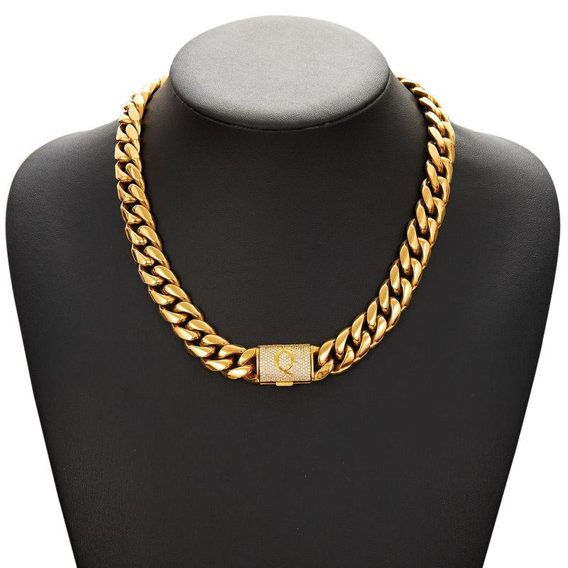 14Mm Chunky Gold Cuban Link Chain 16/20/24/28In - Bold Hip Hop Necklace for Men, Stainless Steel Initial A-Z Engraved Jewelry Gift for Him