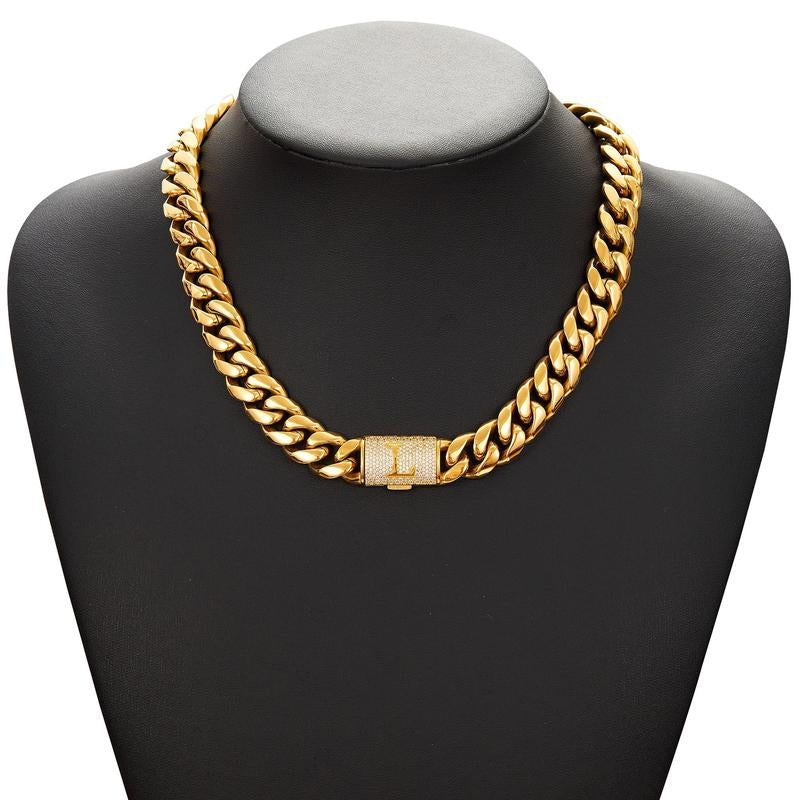 14Mm Chunky Gold Cuban Link Chain 16/20/24/28In - Bold Hip Hop Necklace for Men, Stainless Steel Initial A-Z Engraved Jewelry Gift for Him
