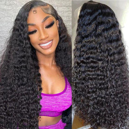Idoli 32 Inch Deep Wave Lace Front Wigs Human Hair 13X6 HD Lace Front Wigs Natural Black 200% Density
