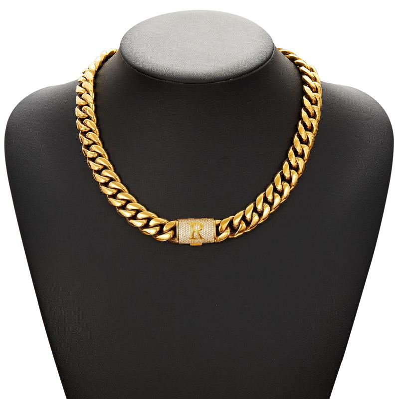 14Mm Chunky Gold Cuban Link Chain 16/20/24/28In - Bold Hip Hop Necklace for Men, Stainless Steel Initial A-Z Engraved Jewelry Gift for Him