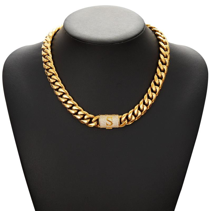 14Mm Chunky Gold Cuban Link Chain 16/20/24/28In - Bold Hip Hop Necklace for Men, Stainless Steel Initial A-Z Engraved Jewelry Gift for Him