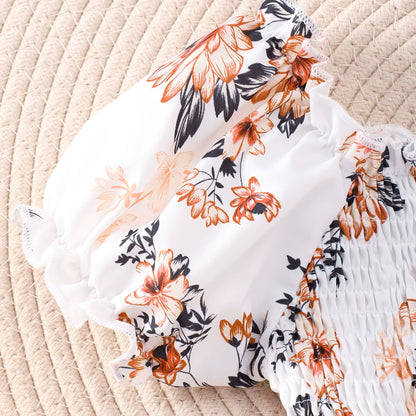 Allover Floral Print Puff Sleeve Shirred Romper with Belt and Frill Trim for Girls, Stylish Summer Outdoor Jumpsuit Holiday Gift