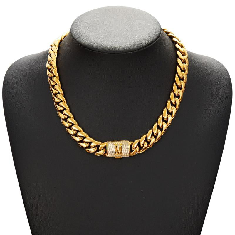 14Mm Chunky Gold Cuban Link Chain 16/20/24/28In - Bold Hip Hop Necklace for Men, Stainless Steel Initial A-Z Engraved Jewelry Gift for Him