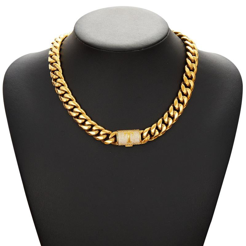14Mm Chunky Gold Cuban Link Chain 16/20/24/28In - Bold Hip Hop Necklace for Men, Stainless Steel Initial A-Z Engraved Jewelry Gift for Him